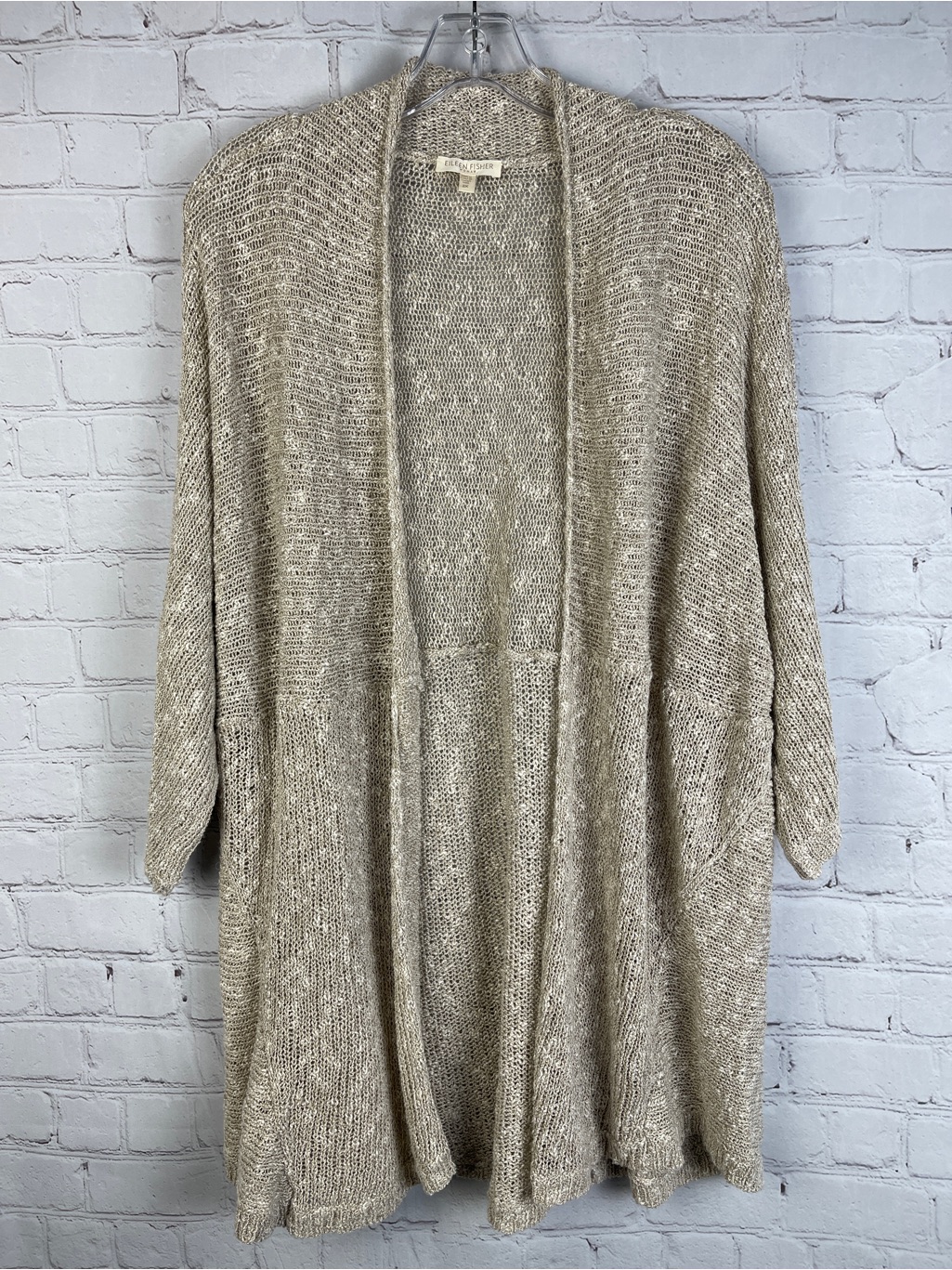 Eileen Fisher Open Front Beige Knit Linen Cardigan Sweater, Size 2x